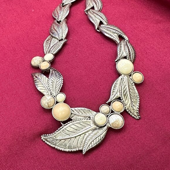 VTG Carol Dauplaise Pewter Leaf Motif & Stone Choker Necklace - Picture 7 of 11